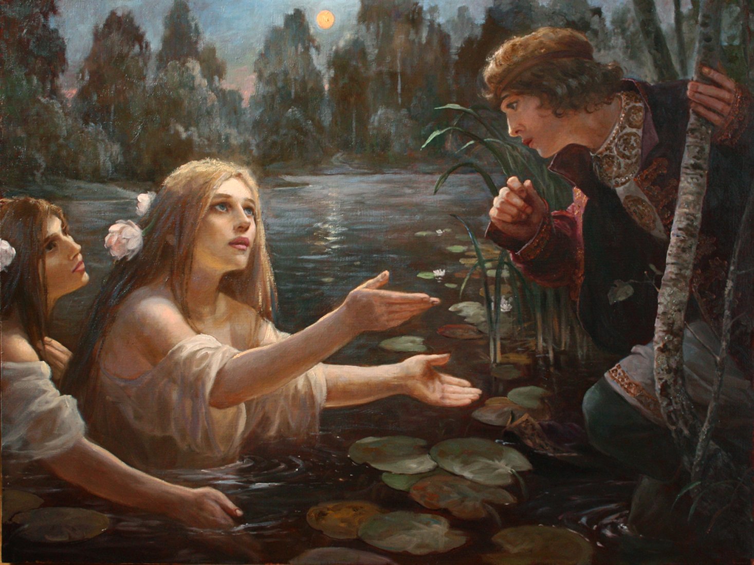 A painting of the mythological Rusalkas, two young women in the water drawing a young man in.