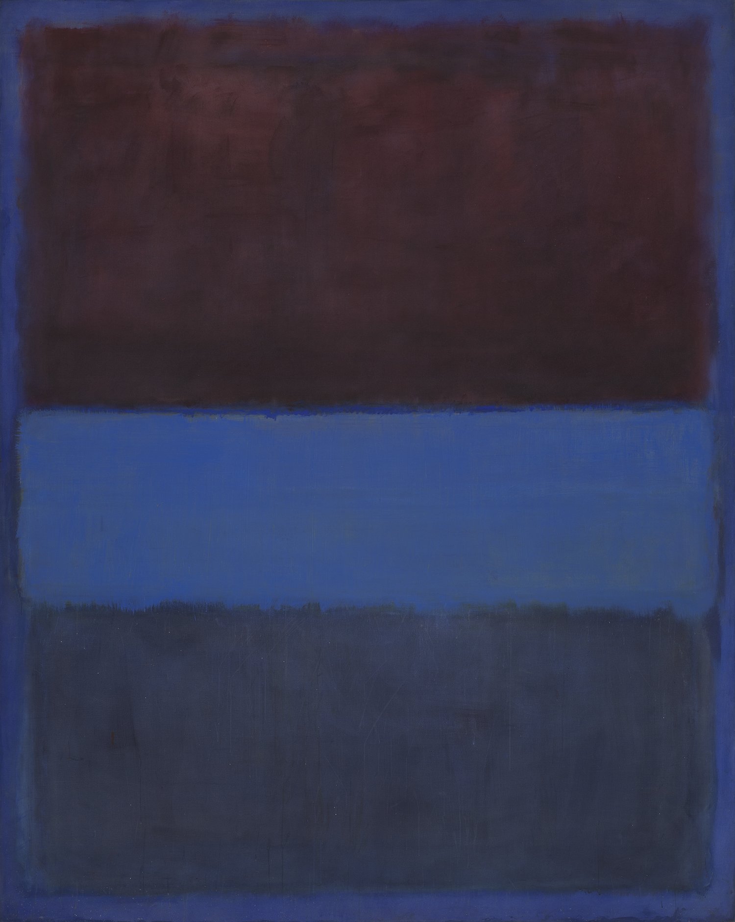 A three-part color field painting titled No. 61 (Rust and Blue) by Mark Rothko. The top section is filled with a deep, warm rust color, followed by a smaller block of light blue in the center. The bottom portion of the painting is a cool purple-blue, creating a balanced contrast with the other colors.
