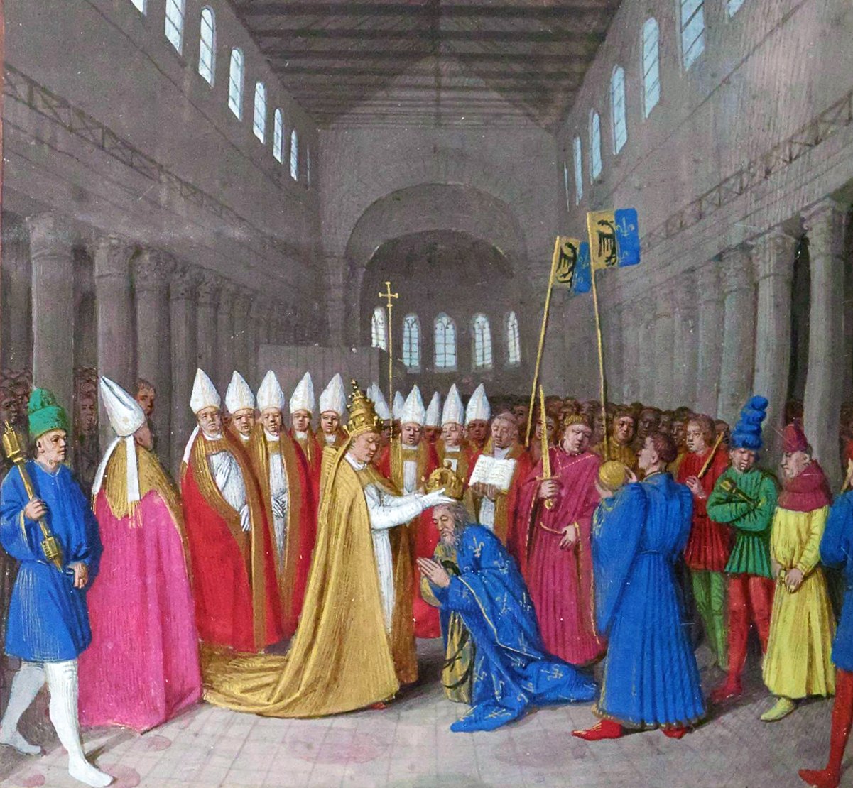 A medieval painting of Charlemagne being crowned emperor by Pope Leo III in a large hall filled with people. The painting shows Charlemagne kneeling in the center of the hall, wearing a blue cloak. He is receiving a blessing and a crown from Pope Leo III, who is standing in front of him, wearing a white robe and a golden cape. Around them, there are many people dressed in colorful robes and white hats, some holding banners and flags. The colors in the painting are mostly blue, red, and gold, creating a contrast between the light and dark areas. The painting is in a realistic style with a lot of detail and perspective.