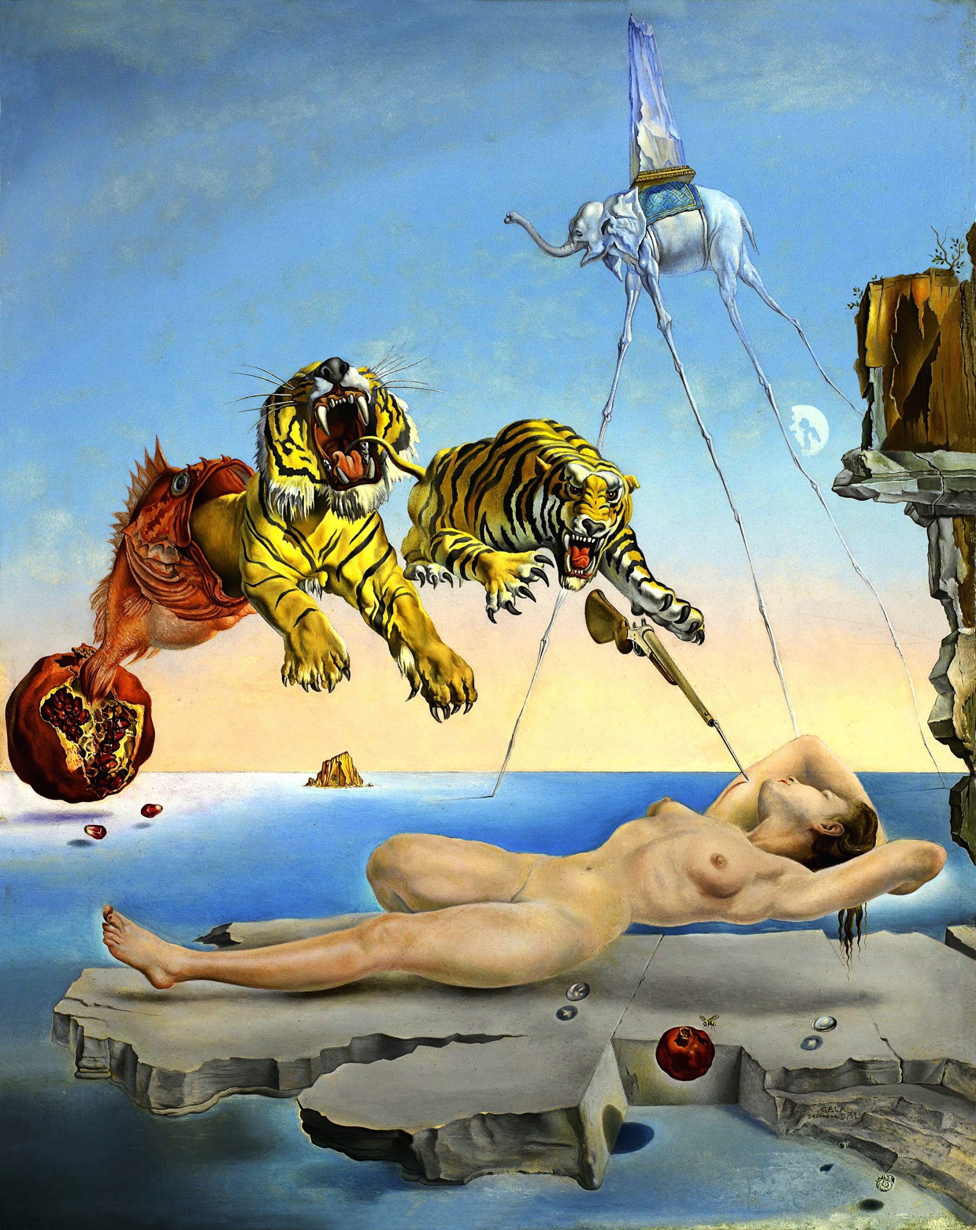 A surreal painting of a woman sleeping on a rock above the sea, surrounded by strange and symbolic objects. A bee flies near a pomegranate, which bursts open to reveal a fish, which spits out two tigers and a bayonet. The bayonet is about to prick the woman’s arm, while the tigers leap towards her. Above them, an elephant with long legs carries an obelisk on its back. The painting represents the woman’s dream, influenced by Freudian psychoanalysis.