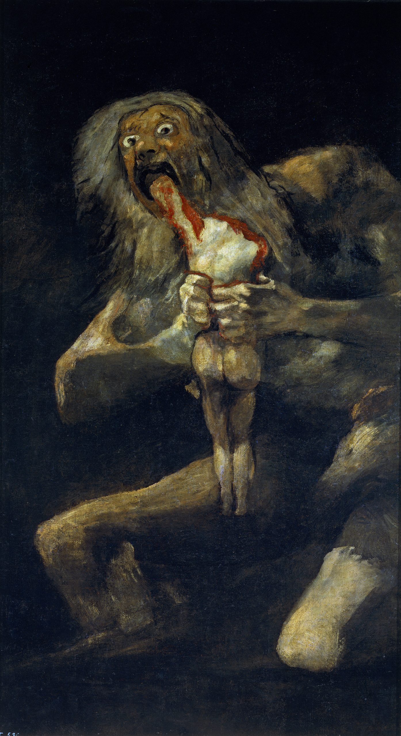 A gruesome painting of a naked, mythical giant eating a human figure.