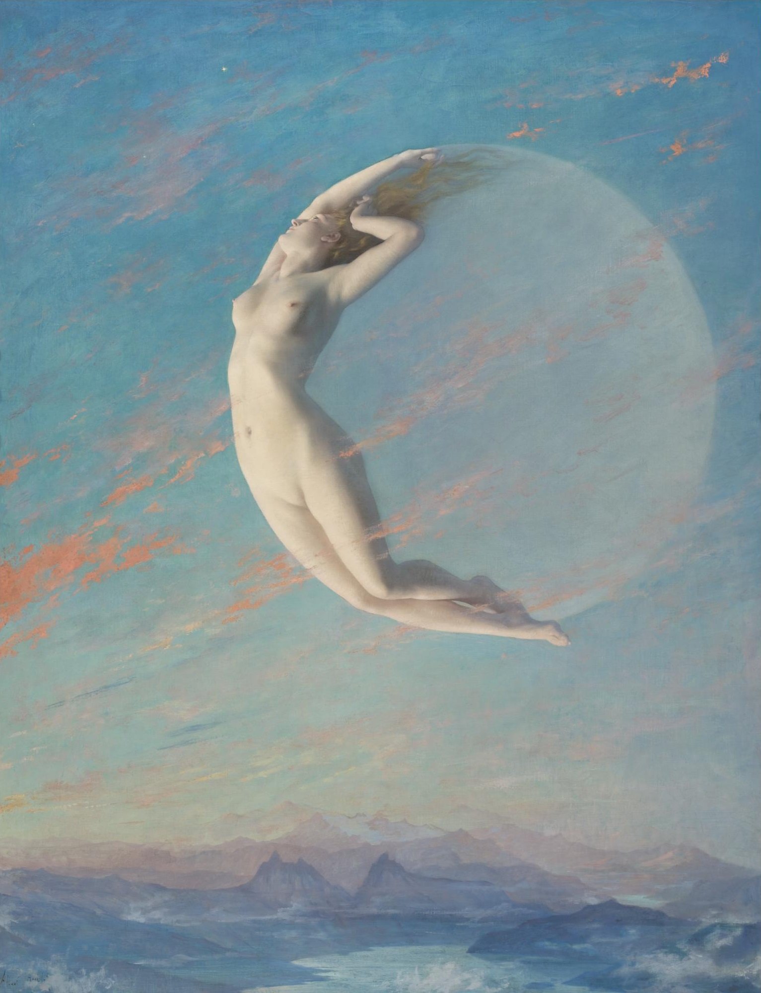 A painting of a woman shown as the Waning Crescent of the Moon
