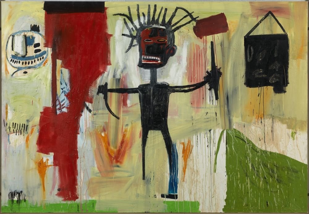 A 1986 “Self-Portrait” by Jean-Michel Basquiat featuring an exaggerated, oversized head on a smaller body painted against a soft, pastel backdrop. The figure is rendered in dark, bold strokes with electrified, scribbly hair and bared teeth, creating a stark contrast. Subtle drips of paint and varied brushstroke directions create an atmosphere of controlled chaos.