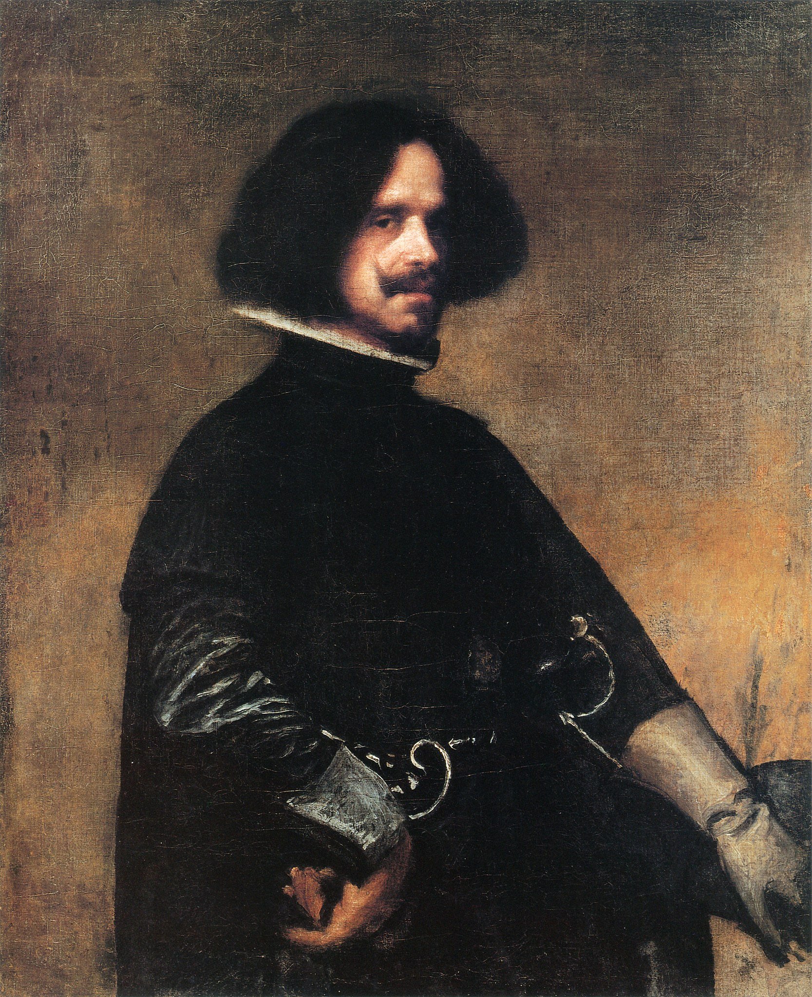 Diego Velázquez's self-portrait portrays him in dark clothing, accessorized with a white glove, and featuring a distinguished mustache.