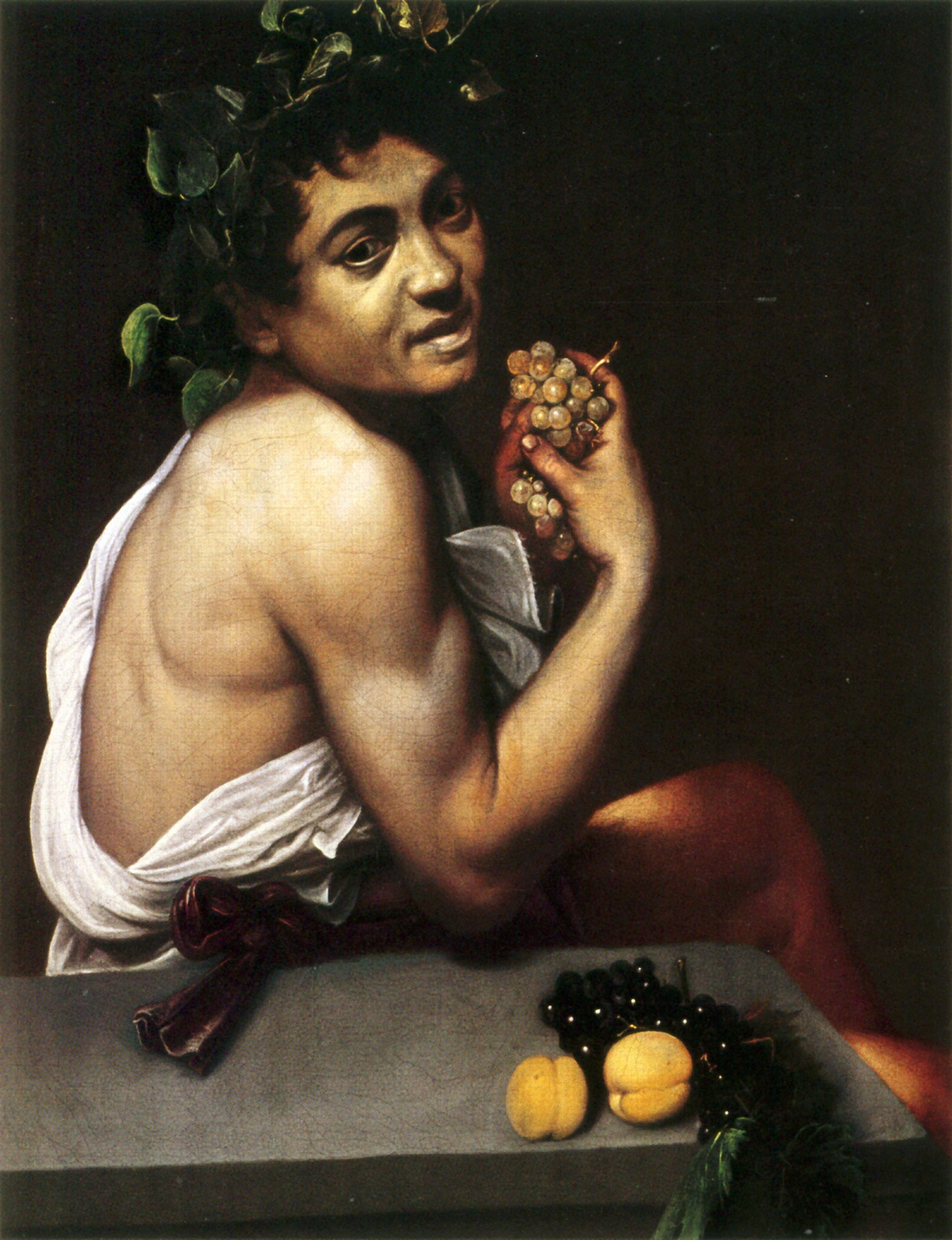 Caravaggio's self-portrait depicts him as the Roman deity Bacchus. He is semi-clothed, with a white robe that exposes his muscular shoulder and arm. The ribbon surrounding his robe rests on a table along with peaches and grapes.