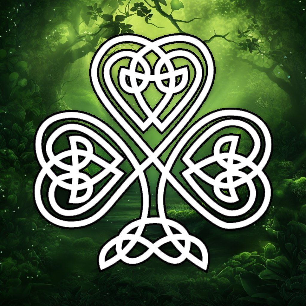 A white Celtic knot design on a green forest background. The knot design resembles a shamrock, which is a type of clover that is a symbol of Ireland.