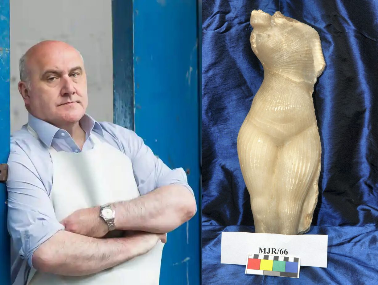 A collage of two photographs. The first image is of a man in a white apron standing in front of a blue door. He has his arms crossed in front of him and looking at the camera with a serious expression. The second image is a close up of a marble statue of a nude woman with her hands on her hips and her head tilted to the side. The statue is made of white marble and has intricate details on her body.