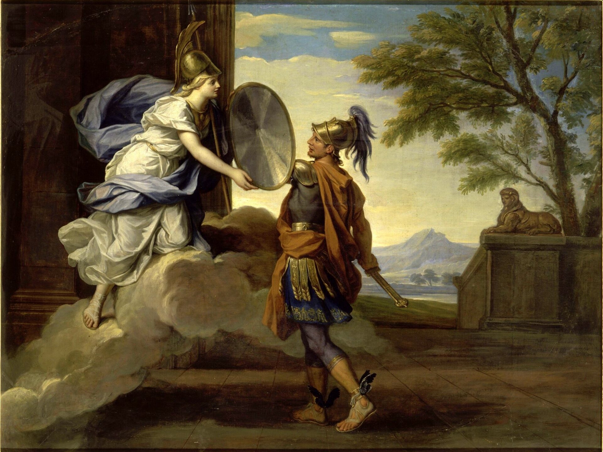 The Greek goddess Minerva is handing her shield to Perseus.