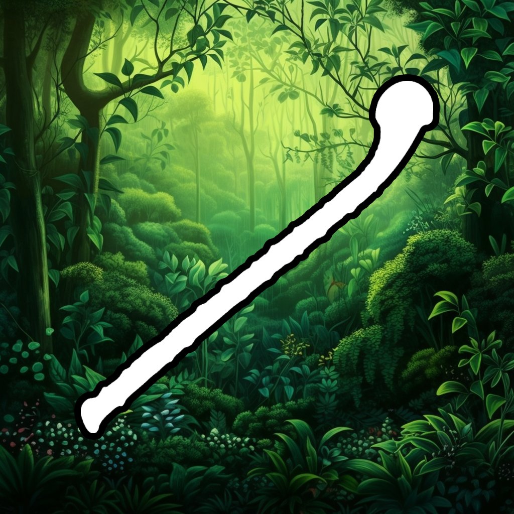 An illustration of a shillelagh, a traditional Irish wooden stick or club, usually made from blackthorn wood with a large knob at the top. The shillelagh is a symbol of Irish culture and folklore, and was also used as a weapon in the past. The image shows a shillelagh, resting on a green lush forest background.