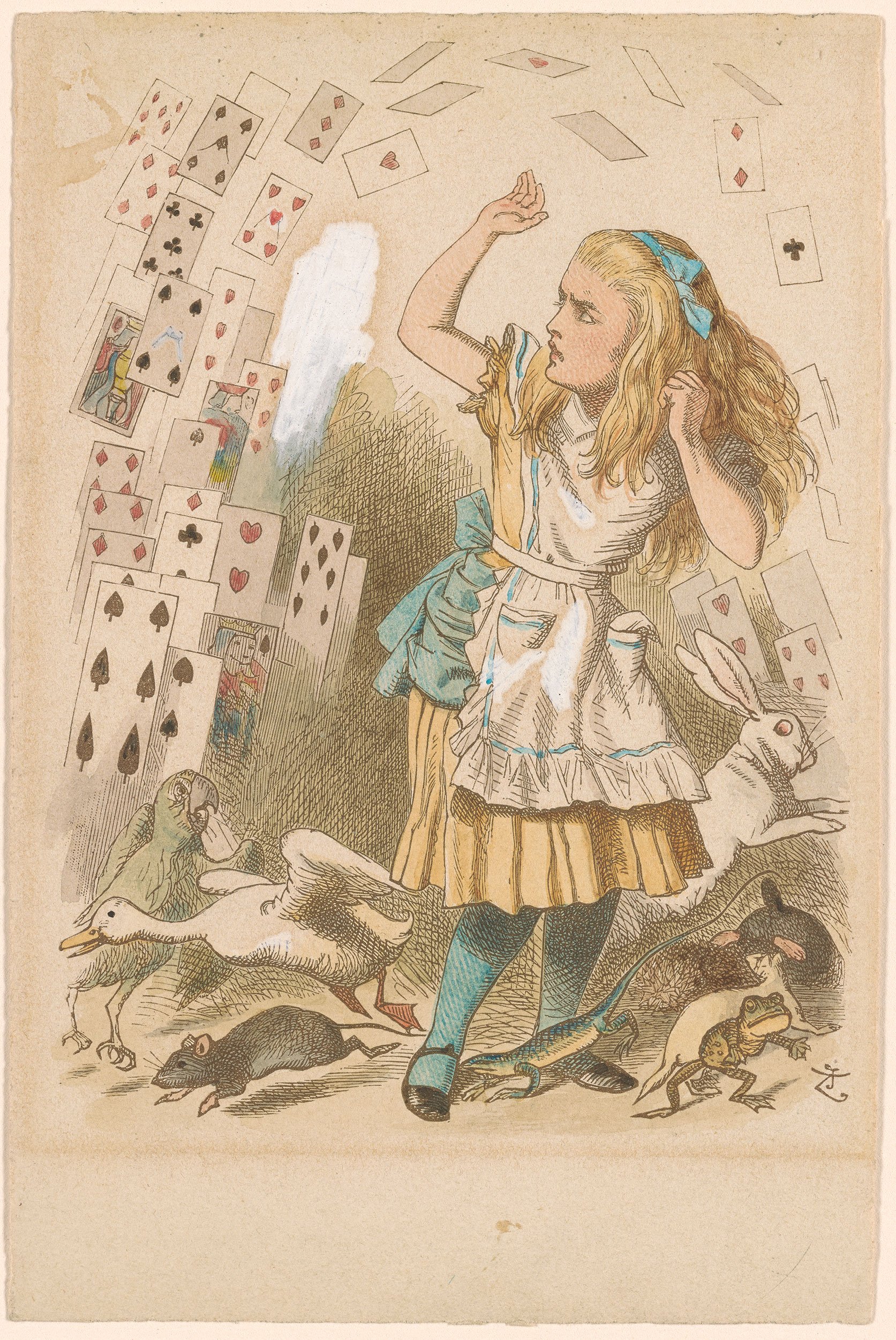 An illustration of Alice, being attacked by playing cards, surrounded by scared animals trying to get away.