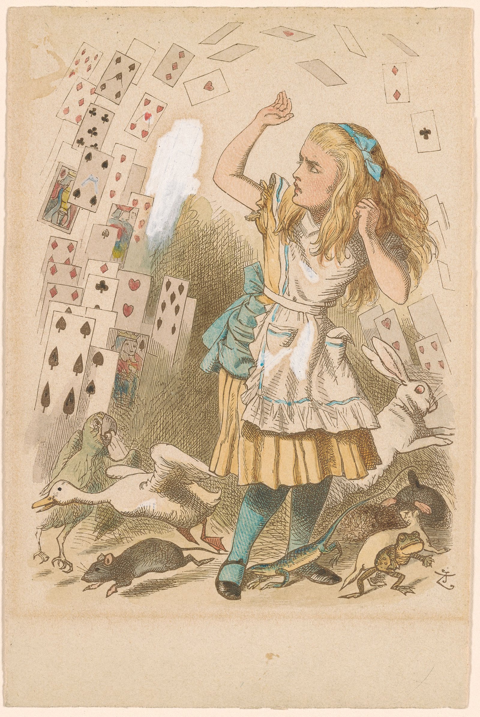 An illustration of Alice, being attacked by playing cards, surrounded by scared animals trying to get away.