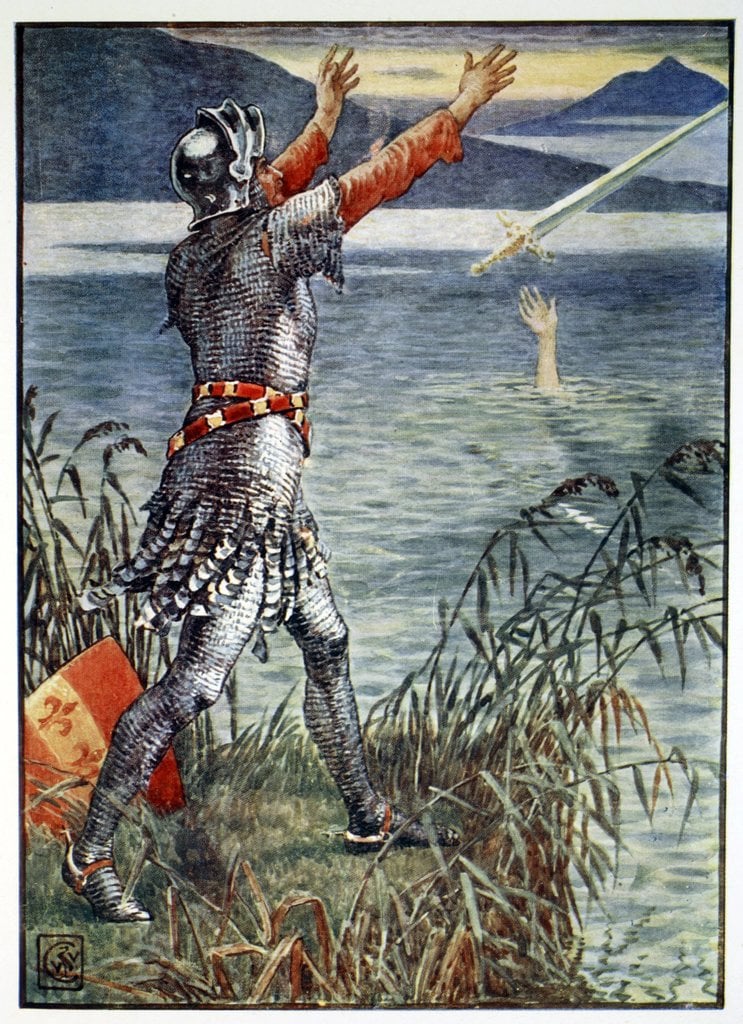 Sir Bedivere in full medieval armor is throwing the legendary sword Excalibur into a lake, a ghostly hand is catching it from the water.