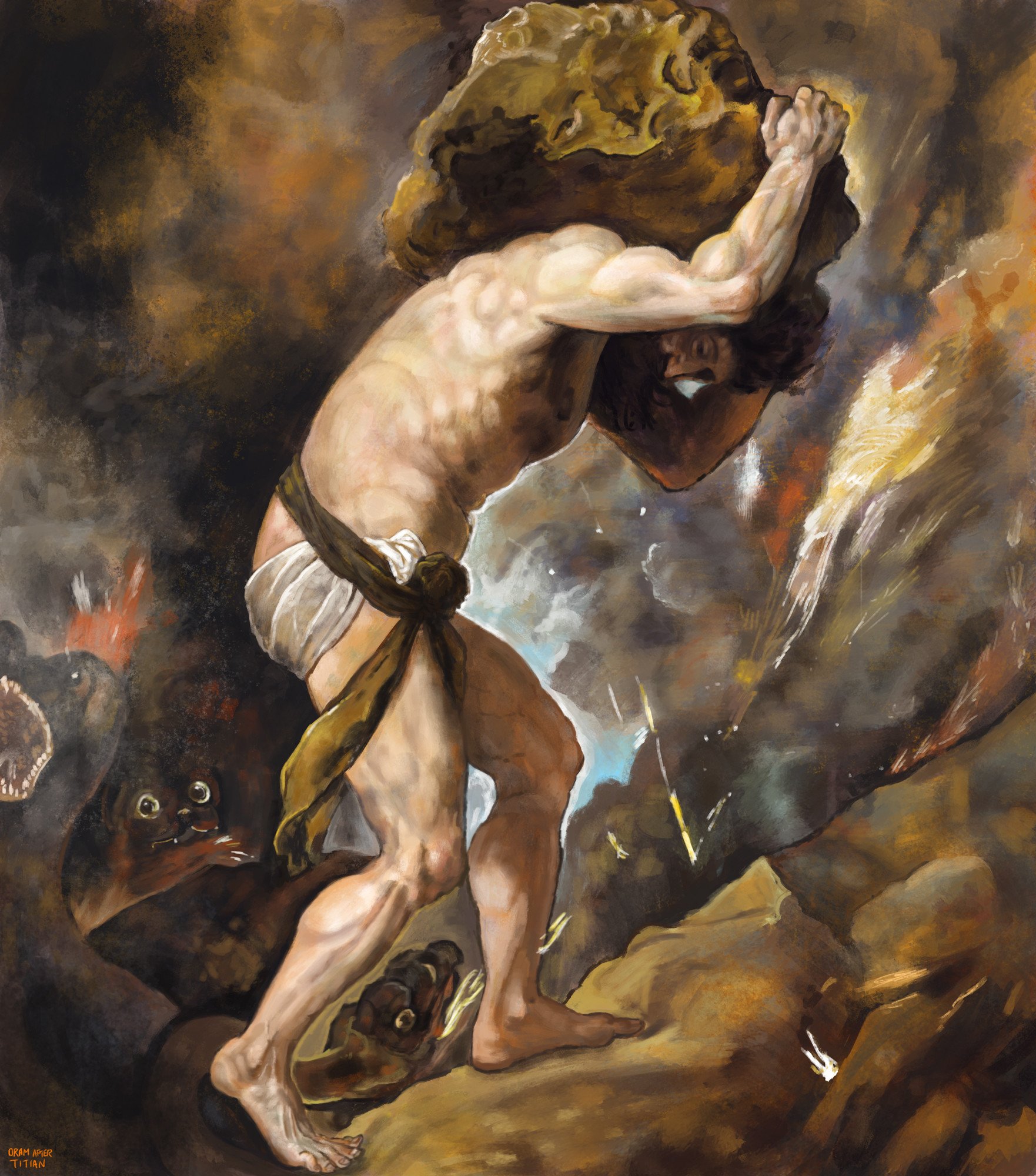 A painting of a muscular man in a loincloth pushing a large round rock up a steep hill. The man’s face shows strain and determination. The sky behind the man is dark and stormy.
