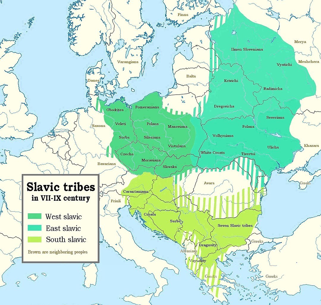 A map of East, West and South Slavic tribes in the 7th to 9th centuries.