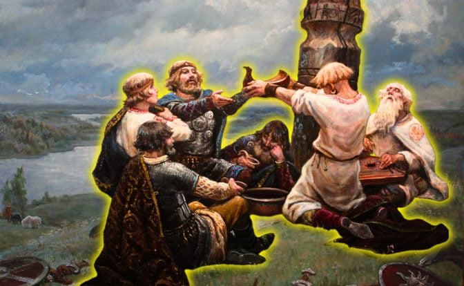 A painting of a group of Slavic pagans conducting a religious ritual on top of a hill.