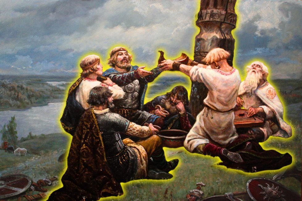 A painting of a group of Slavic pagans conducting a religious ritual on top of a hill.