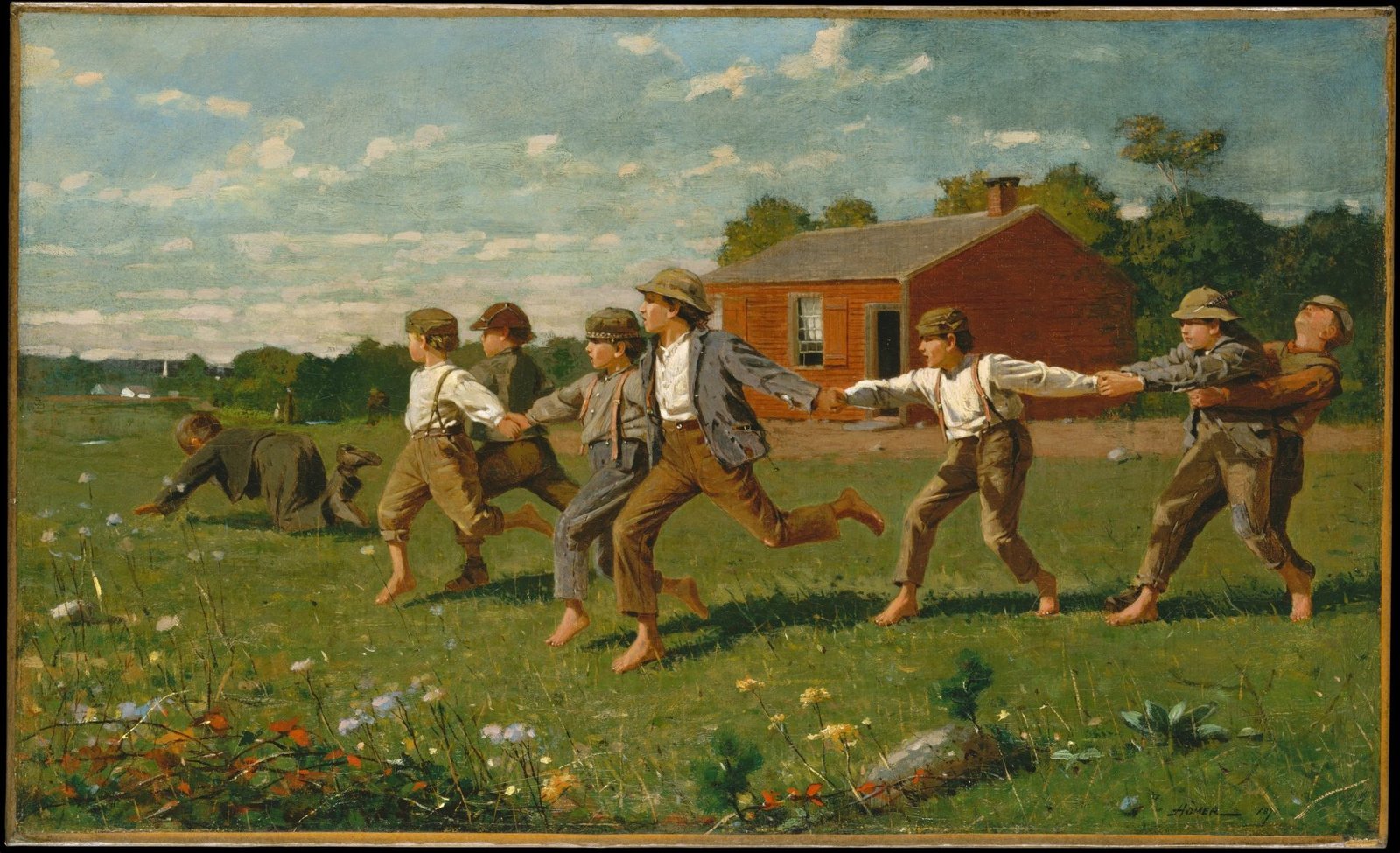 Painting of several young boys playing the game “snap the whip” in the open field of a rural landscape. The boys are all barefoot and dressed in late 19th-century attire, in the midst of energetically playing. One boy at the end of the chain seems to be flung out, suggesting the rough nature of the game. A red schoolhouse can be seen in the distant background.