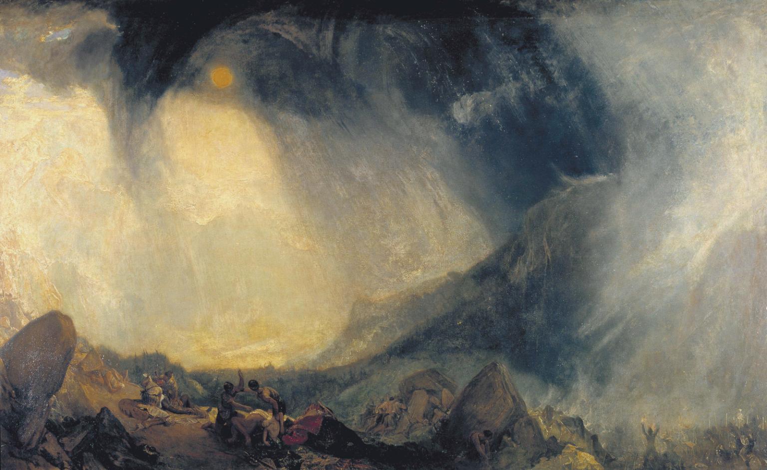 A painting a of a huge snowstorm rolling over a mountain range with a number of small figures trying to run from the storm.