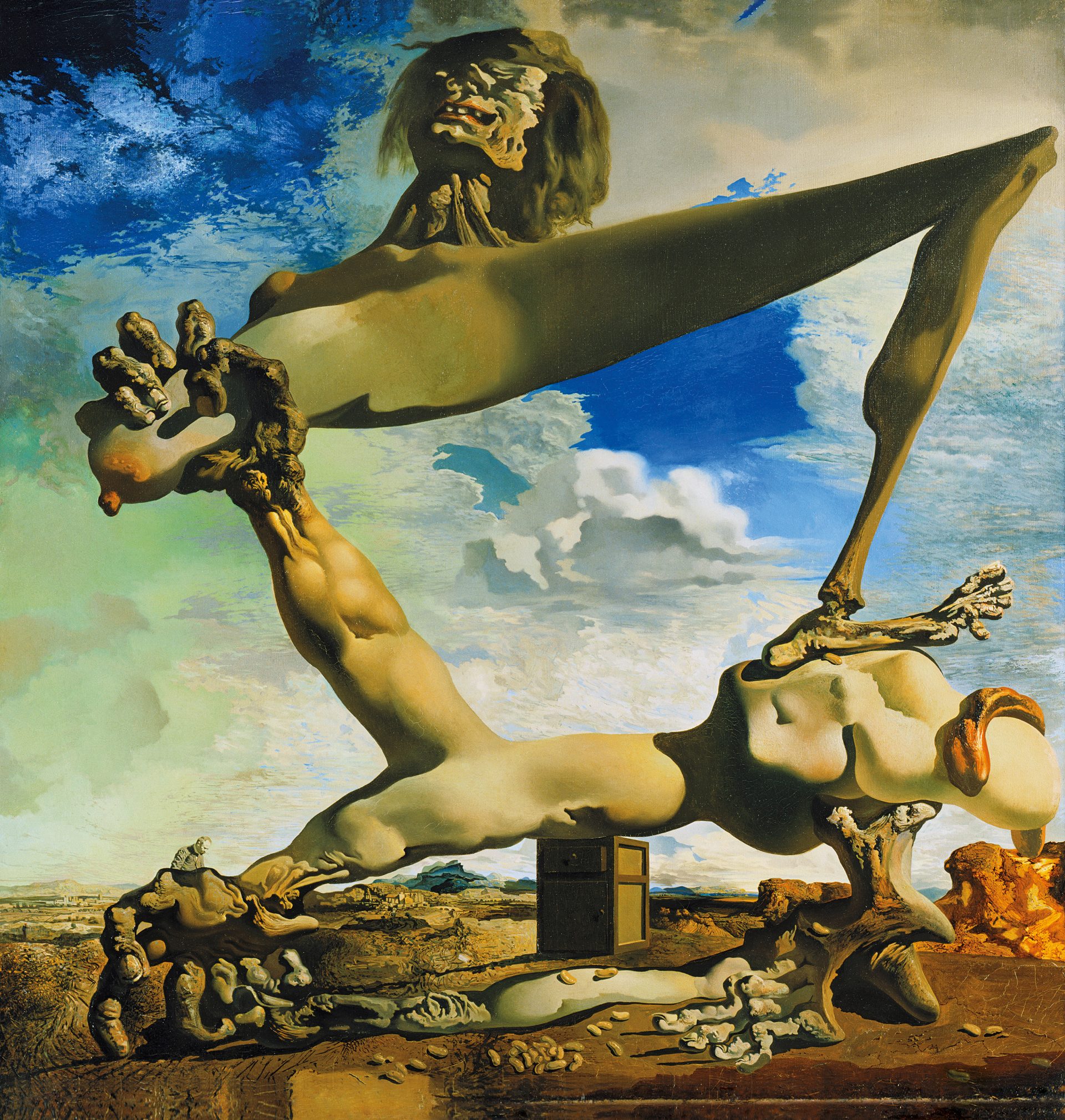 The image is a painting by Salvador Dali titled “Soft Construction with Boiled Beans (Premonition of Civil War)”. The painting is an oil on canvas and was completed in 1936. The painting is a surrealist depiction of a distorted human figure with elongated limbs and a distorted face. The figure is holding a bunch of boiled beans in its hand. The background is a landscape with a blue sky and clouds. The painting is a commentary on the Spanish Civil War.