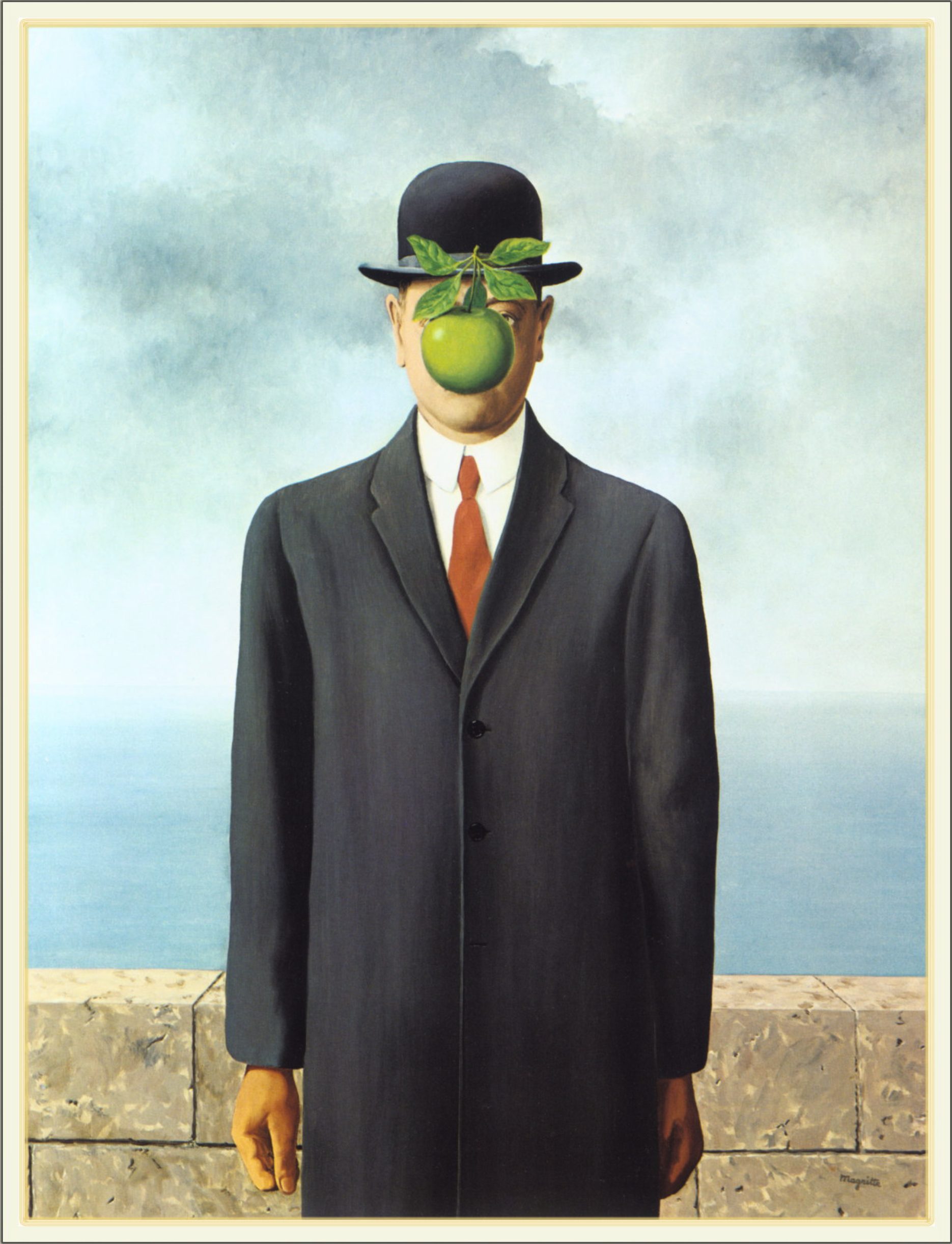 A painting depicting a man wearing a bowling hat, with a green apple covering his face
