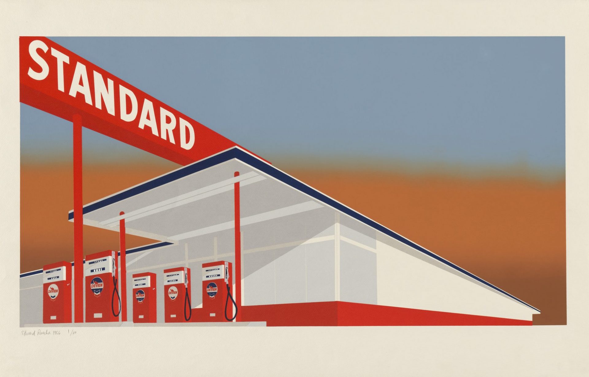 Screenprint artwork by Edward Ruscha features the iconic image of a “Standard” brand gas station. The mid-century modern architecture of the station is dramatically foreshortened with a sharp perspective making it appear to loom over the viewer. Positioned against a bold, flat evening sky with blended colors transitioning from deep inky blue to burnt orange, the angular lines and bright colors capture a typical American roadside scene from the 1960s.
