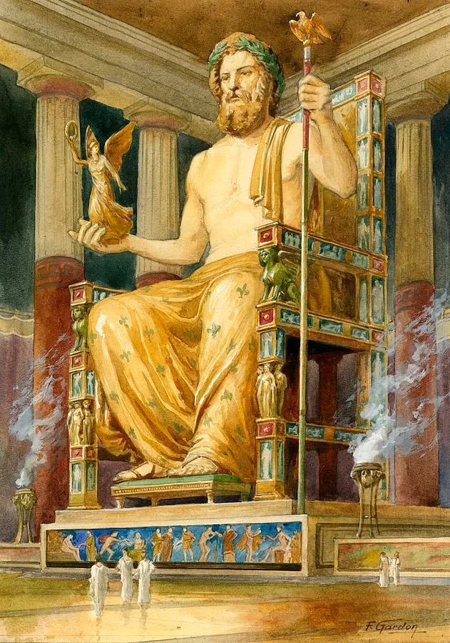 A painting of an ancient wonder of the world, the statue of Zeus at Olympia, which was made by the Greek sculptor Phidias in the 5th century BC. The image shows a statue of a bearded man sitting on a throne, holding a scepter in his left hand and a small figure of Nike, the goddess of victory, in his right hand. The statue is wearing a long robe and a crown of olive leaves. The throne is decorated with colorful patterns and figures from Greek mythology. The background shows a temple with columns and a frieze.