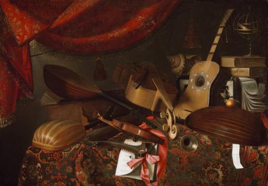 A still life painting of renaissance period musical instruments.