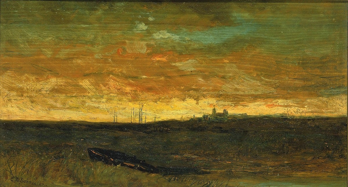 A tranquil maritime landscape painted by Edward Mitchell Bannister, titled "Sunset Scene", showing warm oranges and yellows illuminating a body of water with indistinct trees and buildings in the background signifying a setting sun.