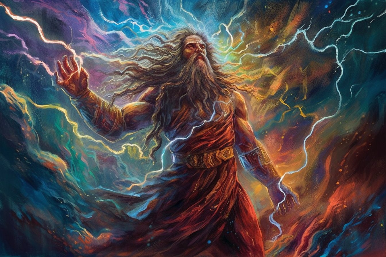 Taranis the Celtic god of thunder, depicted with a long grey beard, with a lightning all around him.