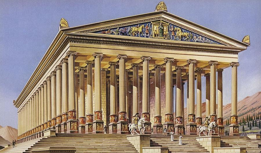 An illustration of an ancient wonder of the world, the Temple of Artemis at Ephesus, which was dedicated to the Greek goddess of hunting, nature, and fertility. The image shows a large and ornate temple with a rectangular plan and a double colonnade of Ionic columns on all sides. The temple has a triangular pediment on each end, decorated with relief sculptures of mythical scenes. The temple is built on a high platform with a staircase leading up to the entrance. There are people on the platform and around the temple, wearing traditional Greek clothing. The background shows a green landscape with trees and hills. The sky is blue and the overall mood of the image is serene and majestic.