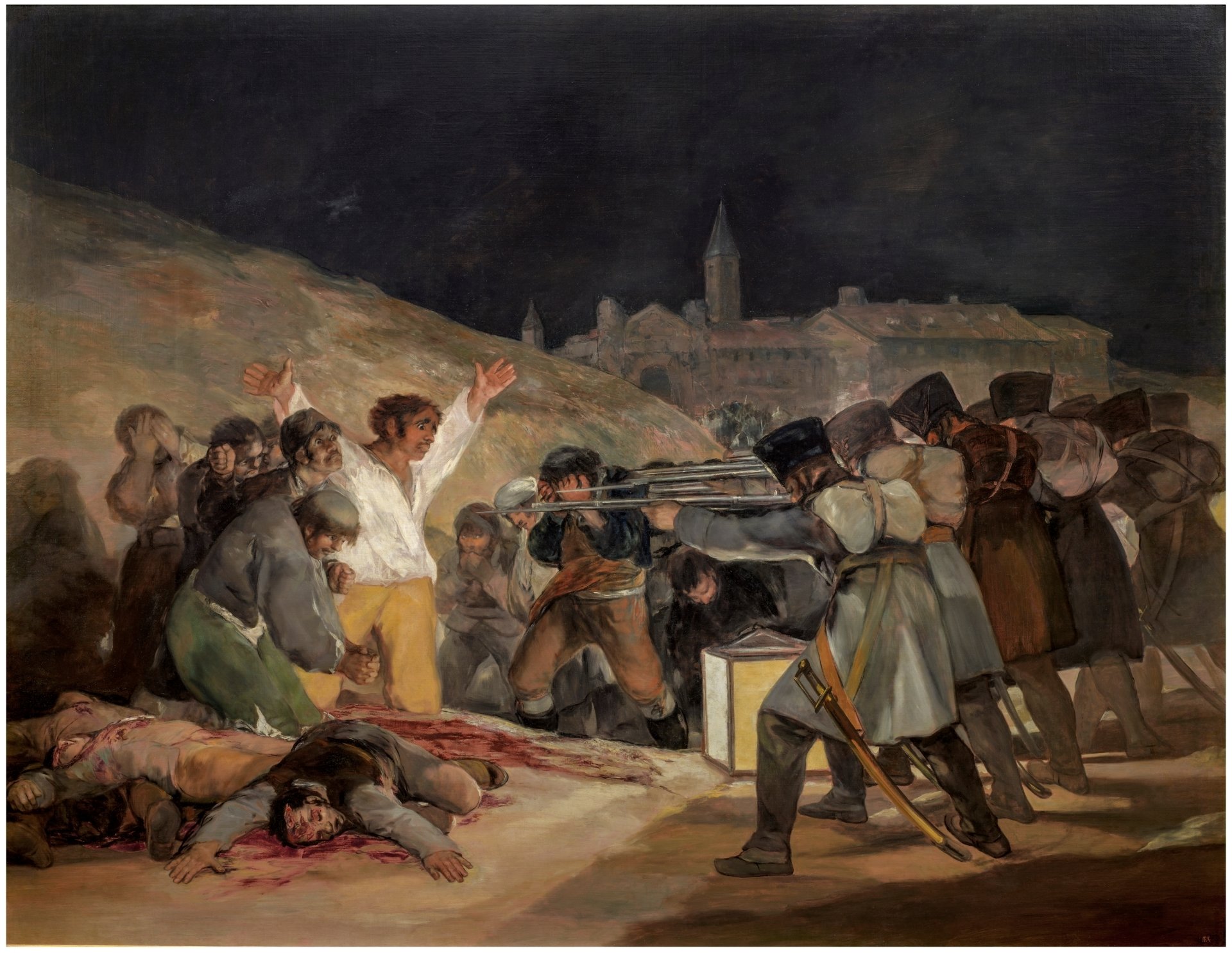 A painting, in the romantic style, depicting the execution of Spanish soldiers by the French.