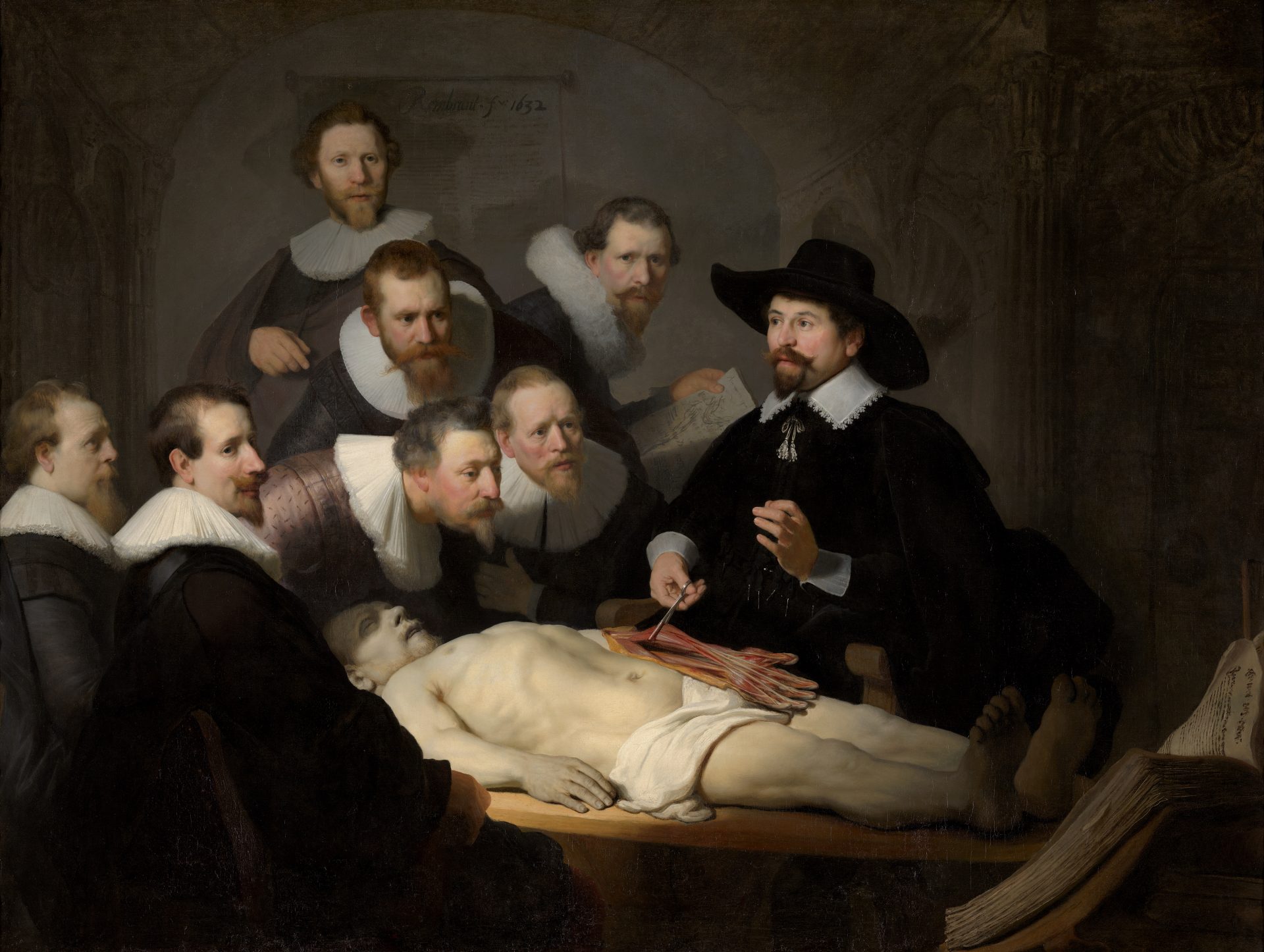 In this painting, Nicolaes Tulp is illustrated demonstrating the arm's musculature on a corpse to a group of surgeons.