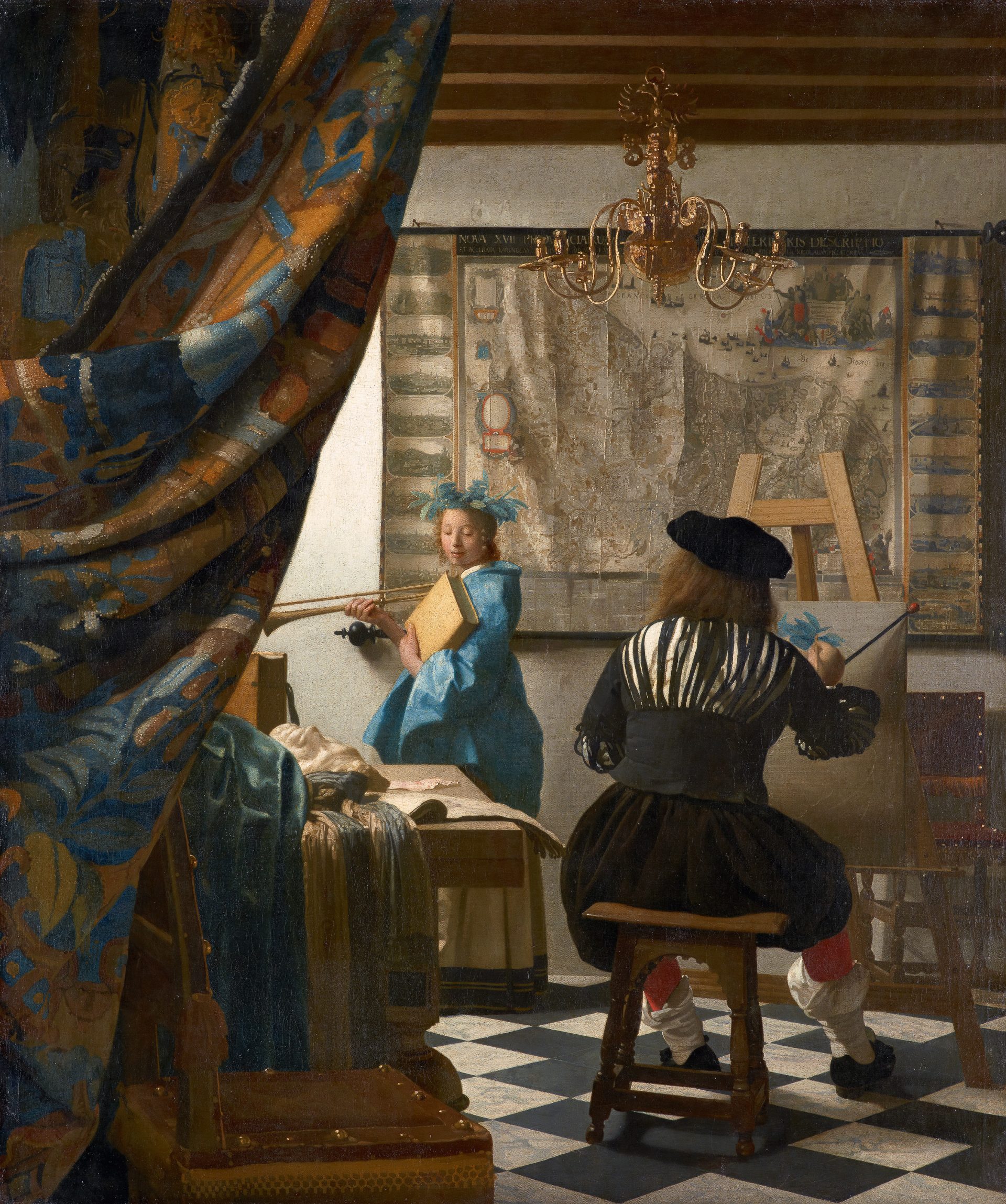 This artwork portrays an artist in his studio, capturing a female model dressed in blue as she poses near a window. A prominent map of the Low Countries serves as the backdrop on the wall behind her.