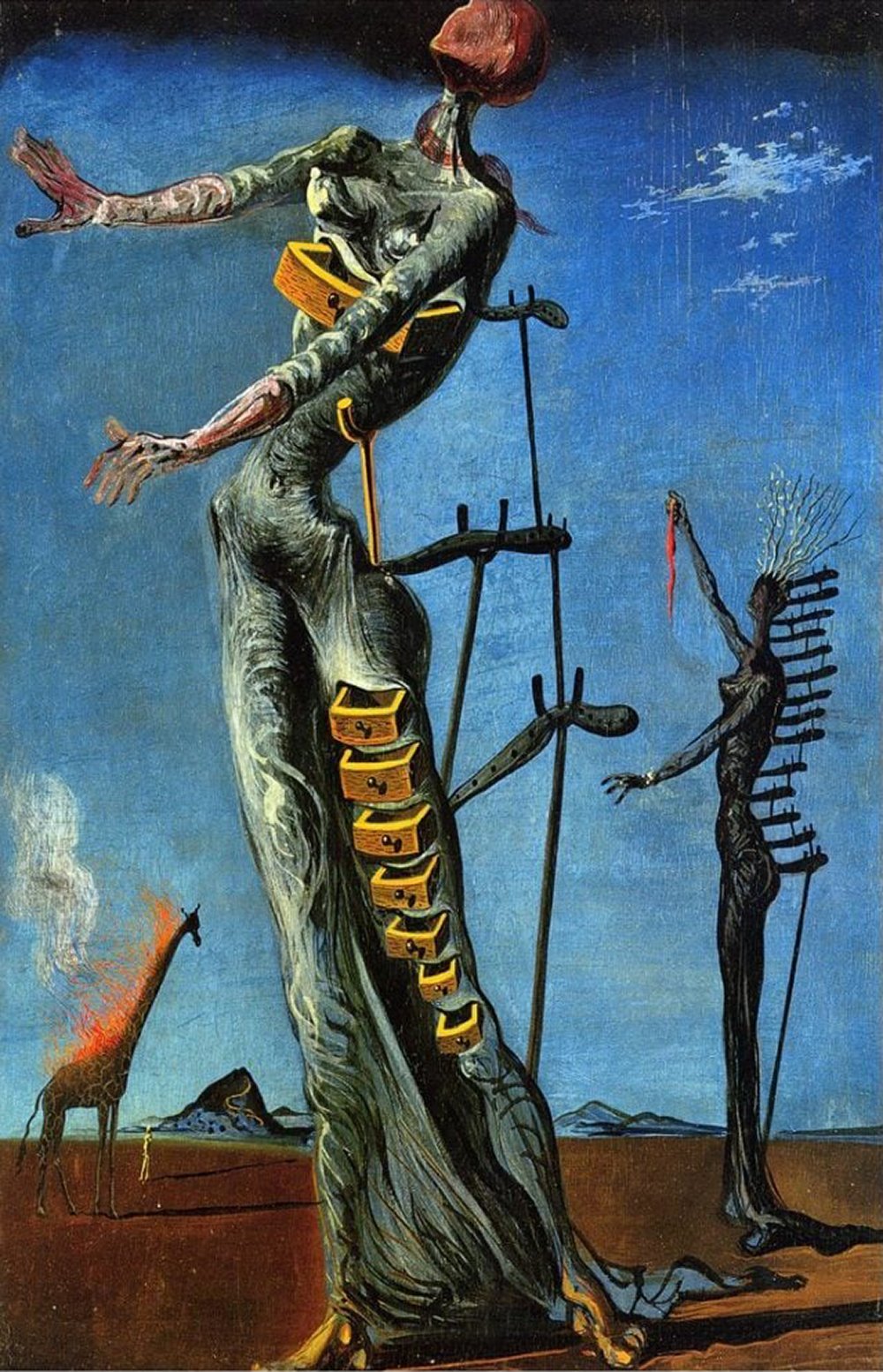 A surrealist painting by Salvador Dali titled “The Burning Giraffe” depicting a tall, elongated figure with a giraffe’s head and a human-like body standing on a ladder-like structure with a smaller figure on the right side. The background is a dark blue sky with a red horizon. The painting is known for its themes of death and decay, and is considered a premonition of the Second World War.