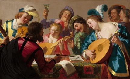 A painting depicting a troupe of late renaissance era musicians rehearsing.