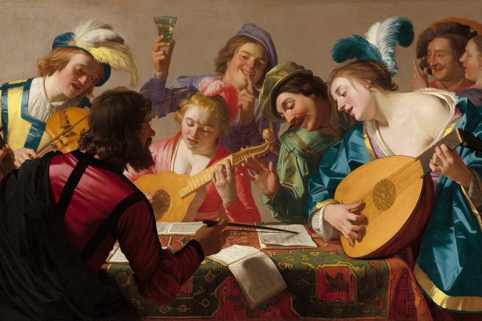 A painting depicting a troupe of late renaissance era musicians rehearsing.