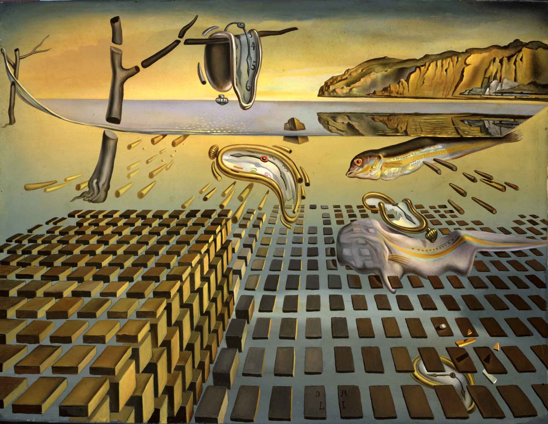 A surreal painting by Salvador Dali that depicts a landscape with a body of water and cliffs in the background. The foreground consists of a grid-like structure with a melting clock and a fish on top of it. The background consists of a tree with a melting clock. The painting is an oil on canvas and is a reinterpretation of Dali’s earlier work The Persistence of Memory. The painting is a commentary on the concept of time and its fluidity.