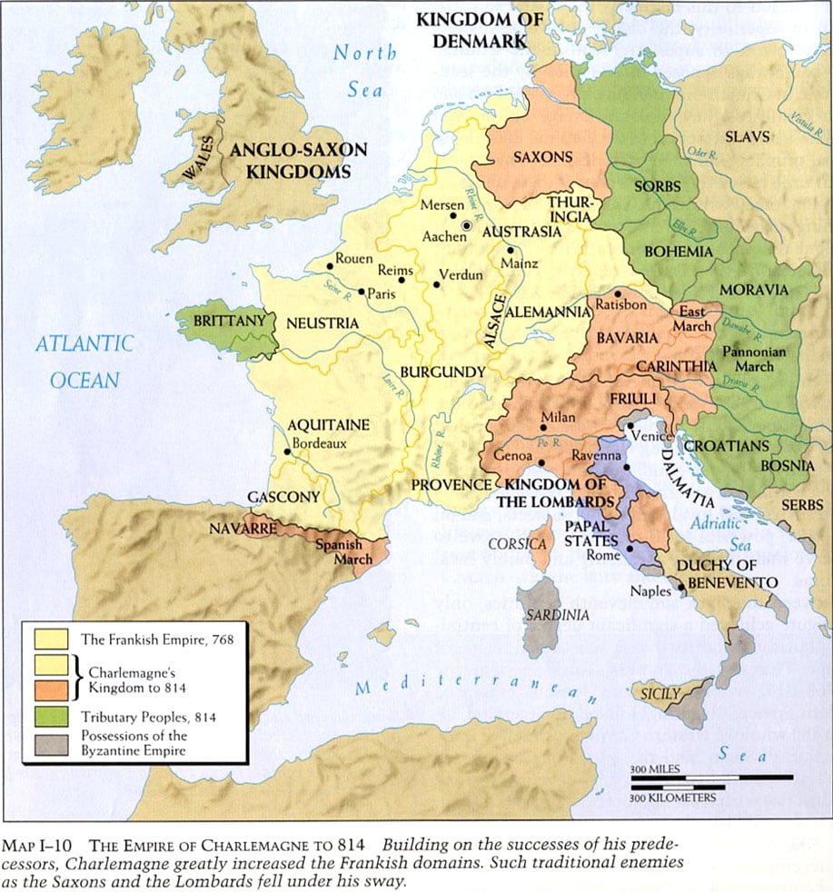 A map of the Empire of Charlemagne by 814, showing the original Frankish Empire from 768 in yellow, additions Charlemagne made during his rule from 768-814, Tributary peoples in green, the papal state in purple and possessions of the Byzantine Empire in gray.