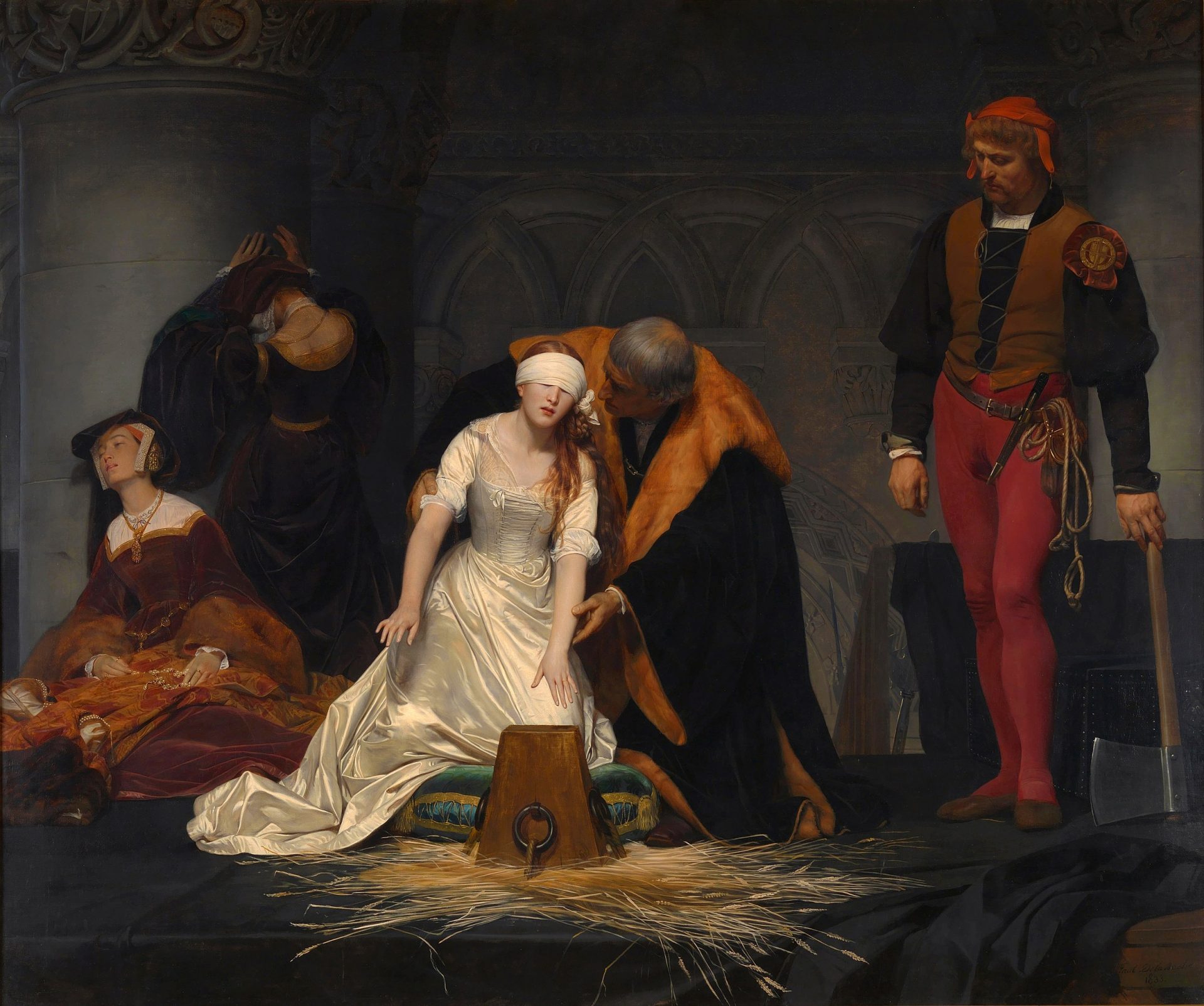 A painting depicting the execution of Lady Jane Gray. She has her eyes tied and is preparing to put her head on the chopping block.
