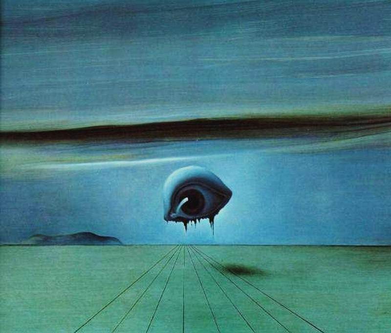 The painting is a surreal depiction of an eye floating above a wooden boardwalk. The eye is large and realistic, with a blue iris and black pupil. The eye is dripping black liquid onto the boardwalk, creating a contrast between the organic and the inorganic. The boardwalk extends into the horizon, with a blue sky and green hills in the background. The painting has a dreamlike quality, with a sense of unease and mystery.