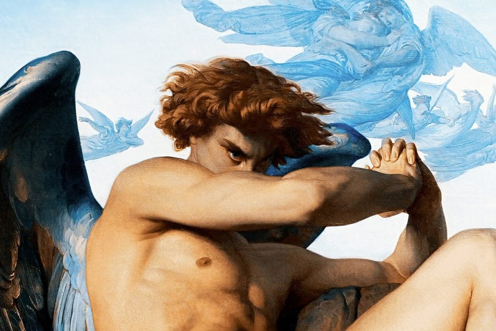 A classical painting of a nude and muscular man with curly hair and wings, sitting on a rock with his arms crossed and looking away from the viewer. He is surrounded by a blue sky with white clouds and several flying cherubs, some of whom are holding musical instruments or flowers. The painting depicts the man as a powerful and divine figure, an angel.