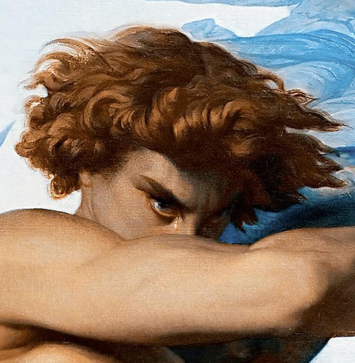 A part of a painting of a crying man with brown hair resting his head on his arms and looking at the viewer.