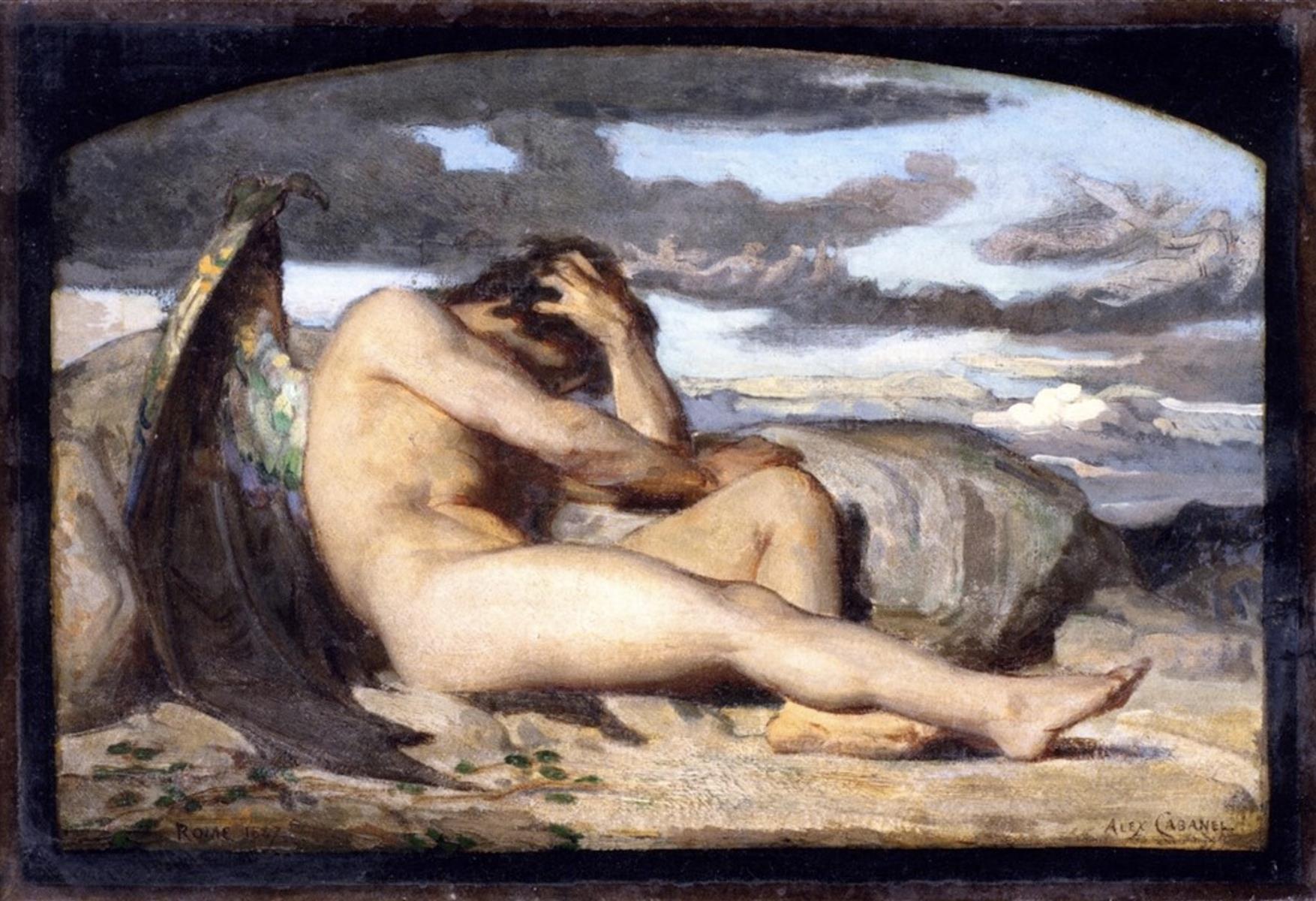 An oil painting of a nude and muscular man with curly hair and wings, lying on his side on a rock in a natural landscape.