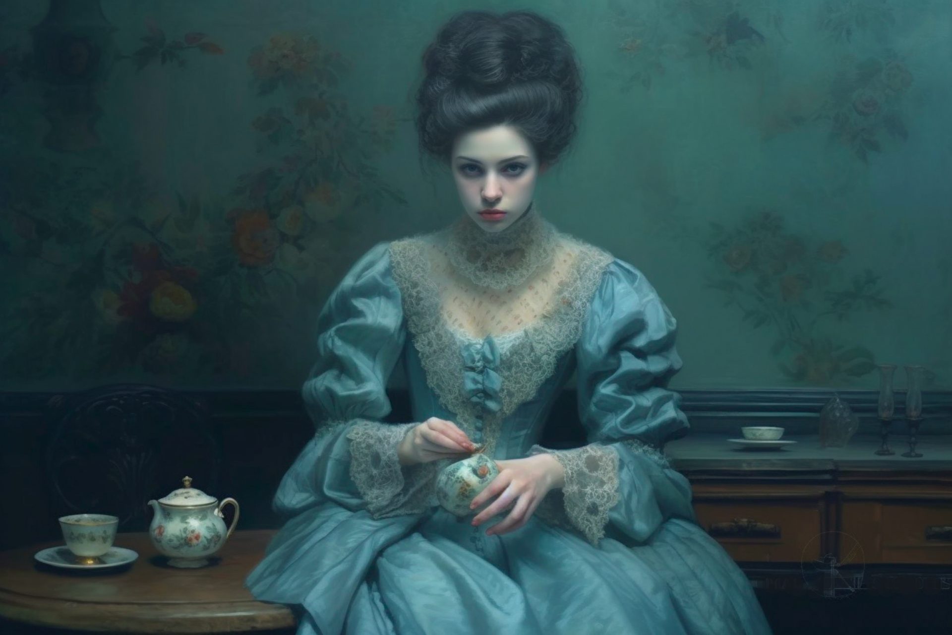 An illustration of a Victorian-Era young woman wearing a light blue dress and having tea.