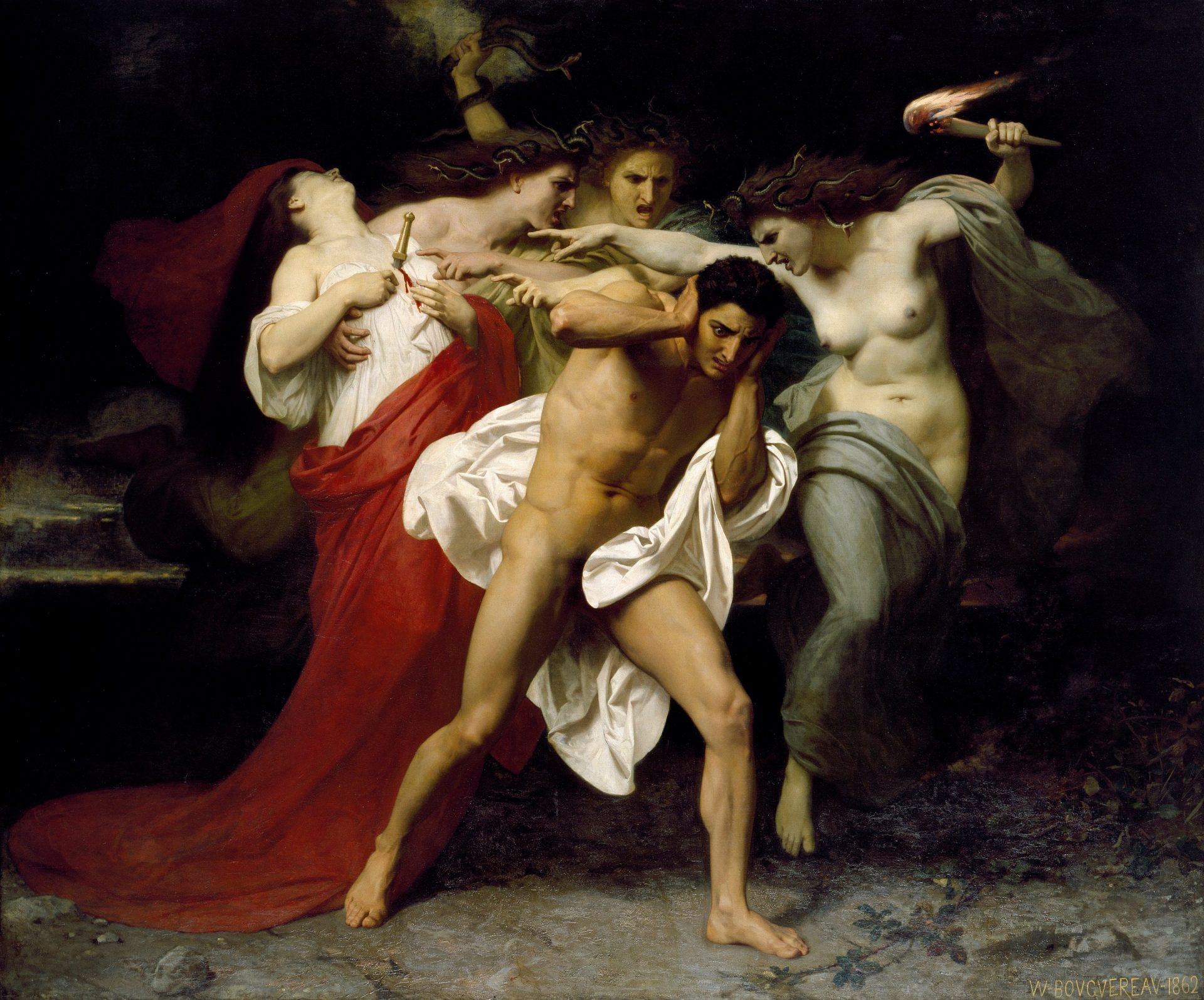 A painting of three furies attacking a human couple