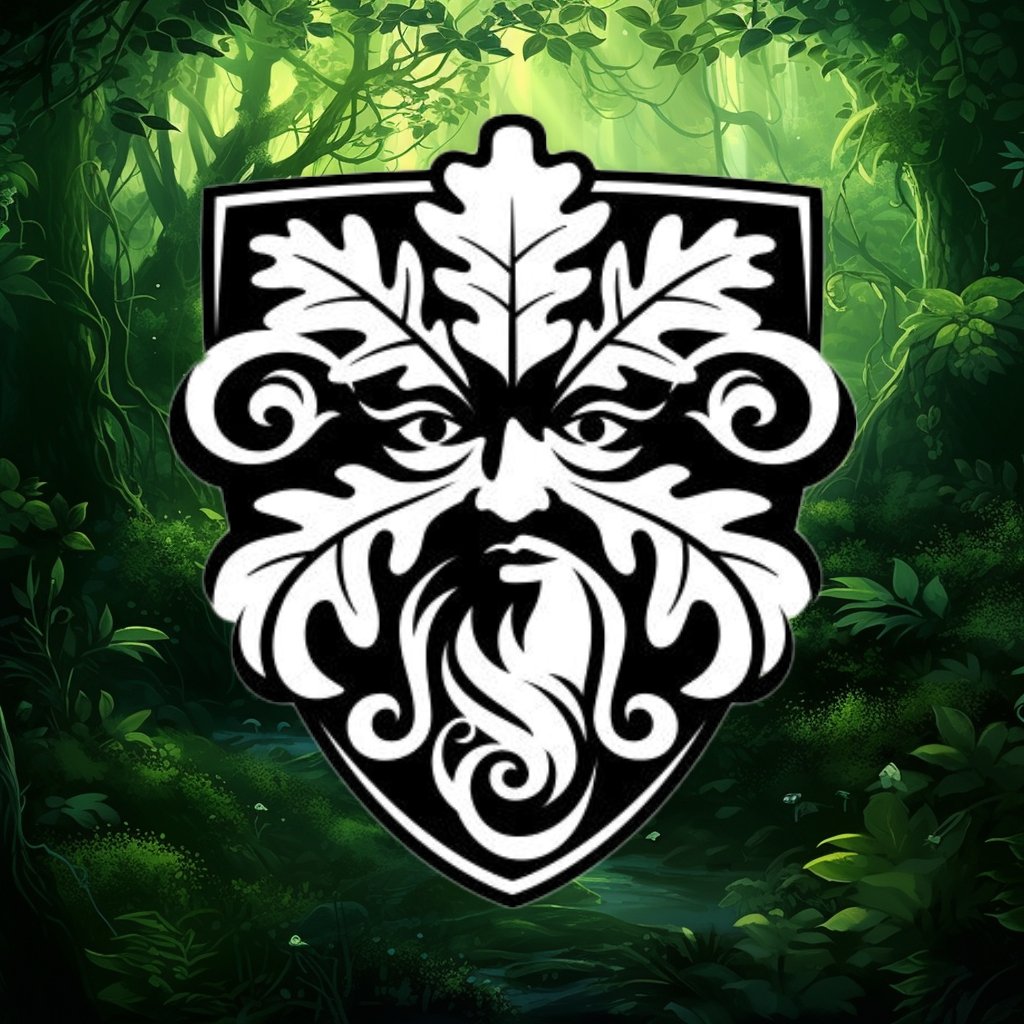 An illustration of a Green Man, a mythical symbol of nature, and rebirth, on a green forest background. The symbol shows a black and white shield-shaped emblem with a stylized face made of leaves and branches.