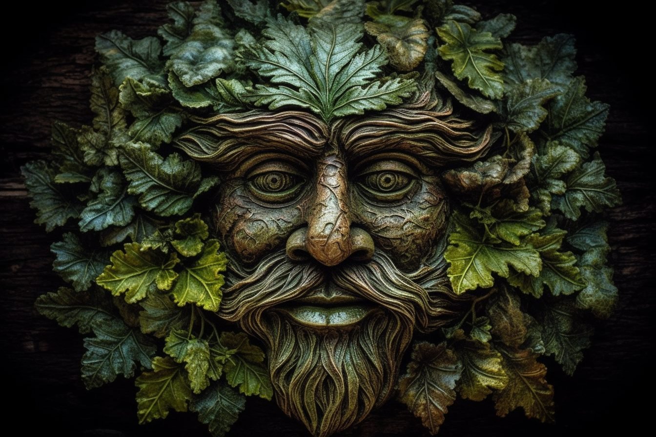 The face of an older man with green skin, green leaves covering most of it.