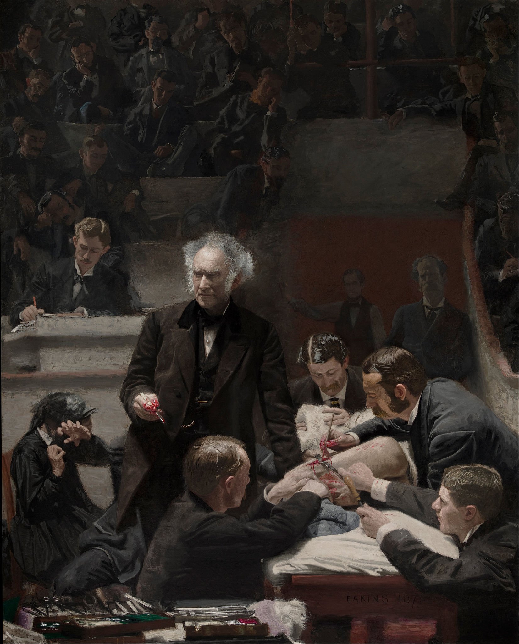 19th century oil painting showing a surgical scene in a well-lit amphitheater. The central figure is Dr. Samuel Gross, dressed in street attire instead of surgical garb, dramatically gesturing while holding a blood-stained scalpel. He is surrounded by other doctors observing and assisting the operation on a reclined and partially obscured patient. To the left, a woman recoils in horror, hiding her face. On the right, a young man (the artist) calmly sketches the scene.