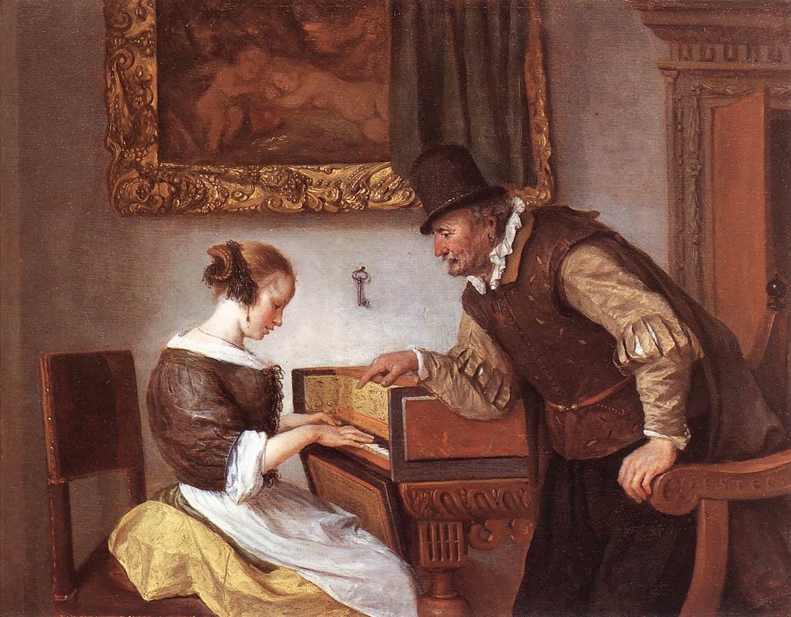 A painting of a young woman being instructed in playing the harpsichord by a teacher.