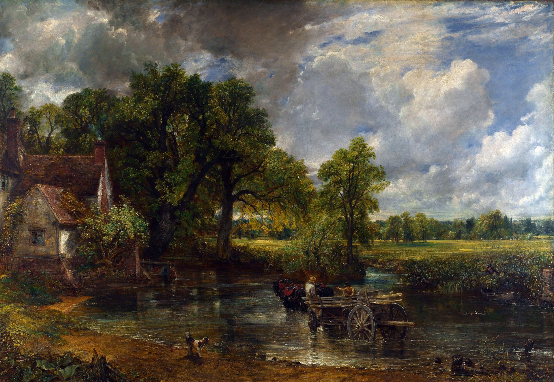A painting depicting a scene from the English countryside, a horse drawn carriage is rolling through a shallow creek.